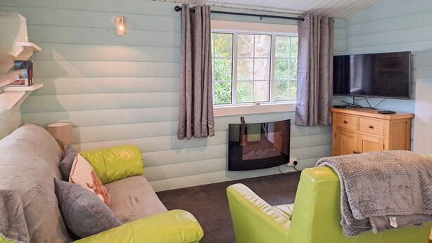 A cozy living room with a sofa, a green armchair, a flat-screen TV, a fireplace, and a window with curtains. - 2 bedroom accommodation in Blaenau Ffestiniog (Blaenau Ffestiniog)