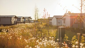 Une rangée de maisons modernes, avec un champ verdoyant au premier plan.
