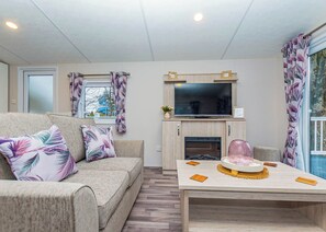 A living room with a sofa, a flat-screen TV, a fireplace, and a dining table.