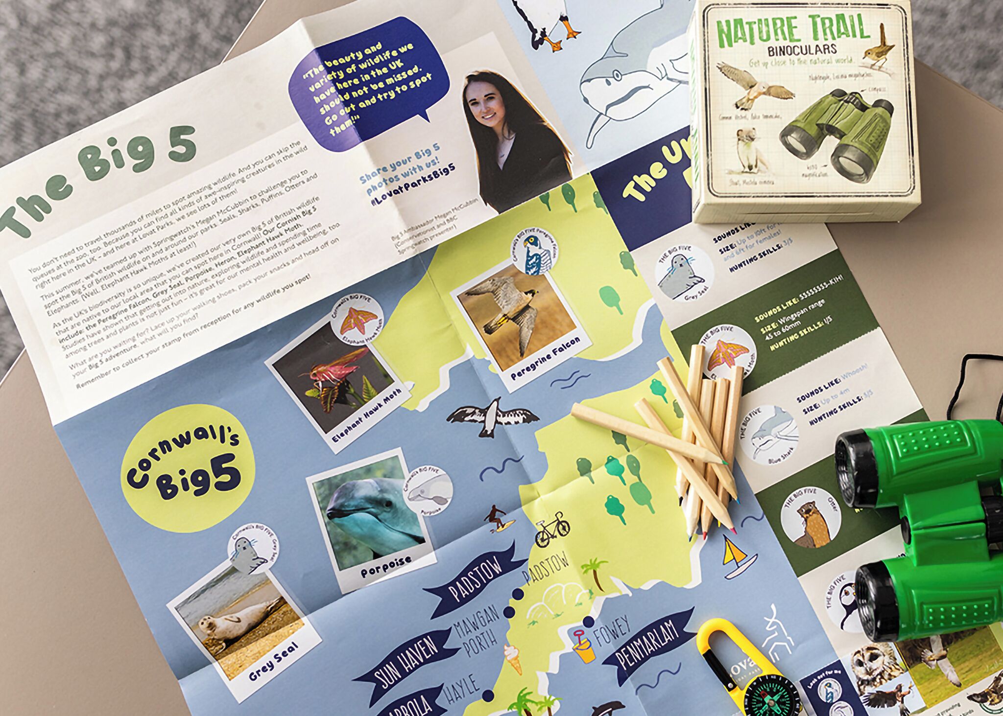 A map with wildlife illustrations, a nature trail binoculars box, and a brochure titled 'The Big 5'.