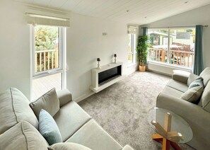 Un salon moderne doté d’une cheminée, de grandes fenêtres et d’un balcon.