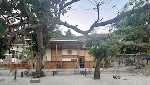 A building with a flat roof, a visible entrance, and a surrounding area with trees and a sandy ground.