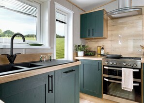Une cuisine moderne dotée d’une cuisinière encastrée, d’un évier et de meubles de couleur verte.