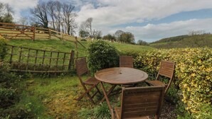 A round wooden table with four chairs, surrounded by greenery and a wooden fence. - Tyn Y Fron (Llanon)