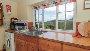 A kitchen with wooden cabinets, a washing machine, a sink, and a window with a view of greenery. - Tyn Y Fron (Llanon)
