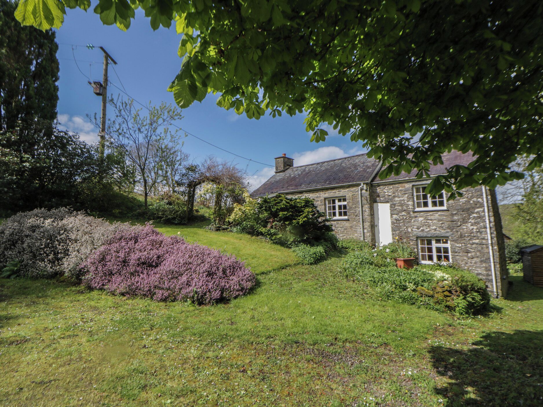 A stone building with a grassy yard, a purple bush, and a clear sky.
