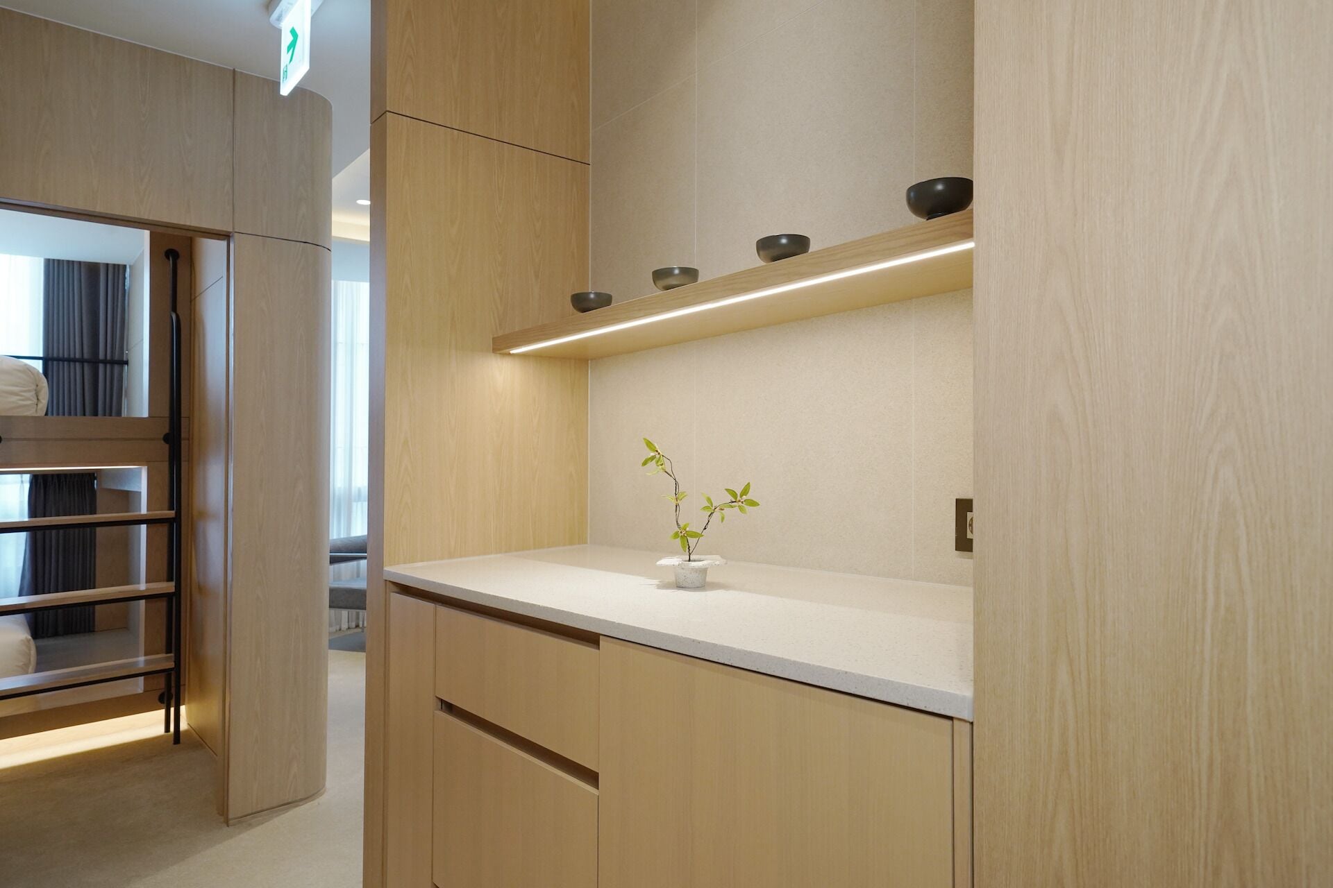 A modern interior with wooden cabinetry, a white countertop, and a small potted plant.