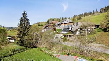 Un village perché sur une colline, avec ses maisons traditionnelles en bois, un grand conifère et un ciel dégagé.