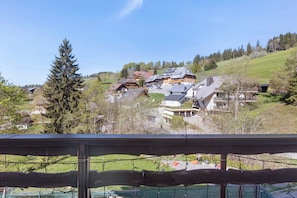 A residential area with houses on a hillside, a wooden fence in the foreground, and a clear sky. - Worker Room 2 with Wi-Fi (Todtnau)