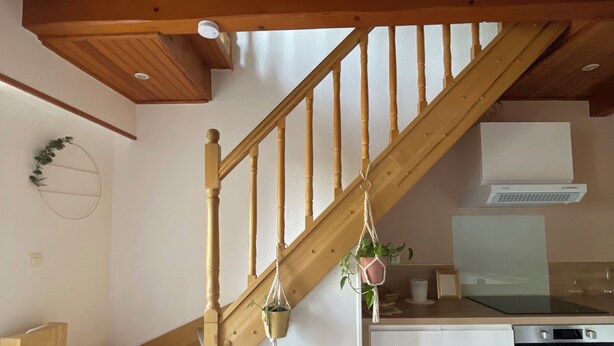A kitchen with a wooden staircase, white cabinets, a dishwasher, and a hanging plant. - Apartment near the sea and Montpellier (Pignan)