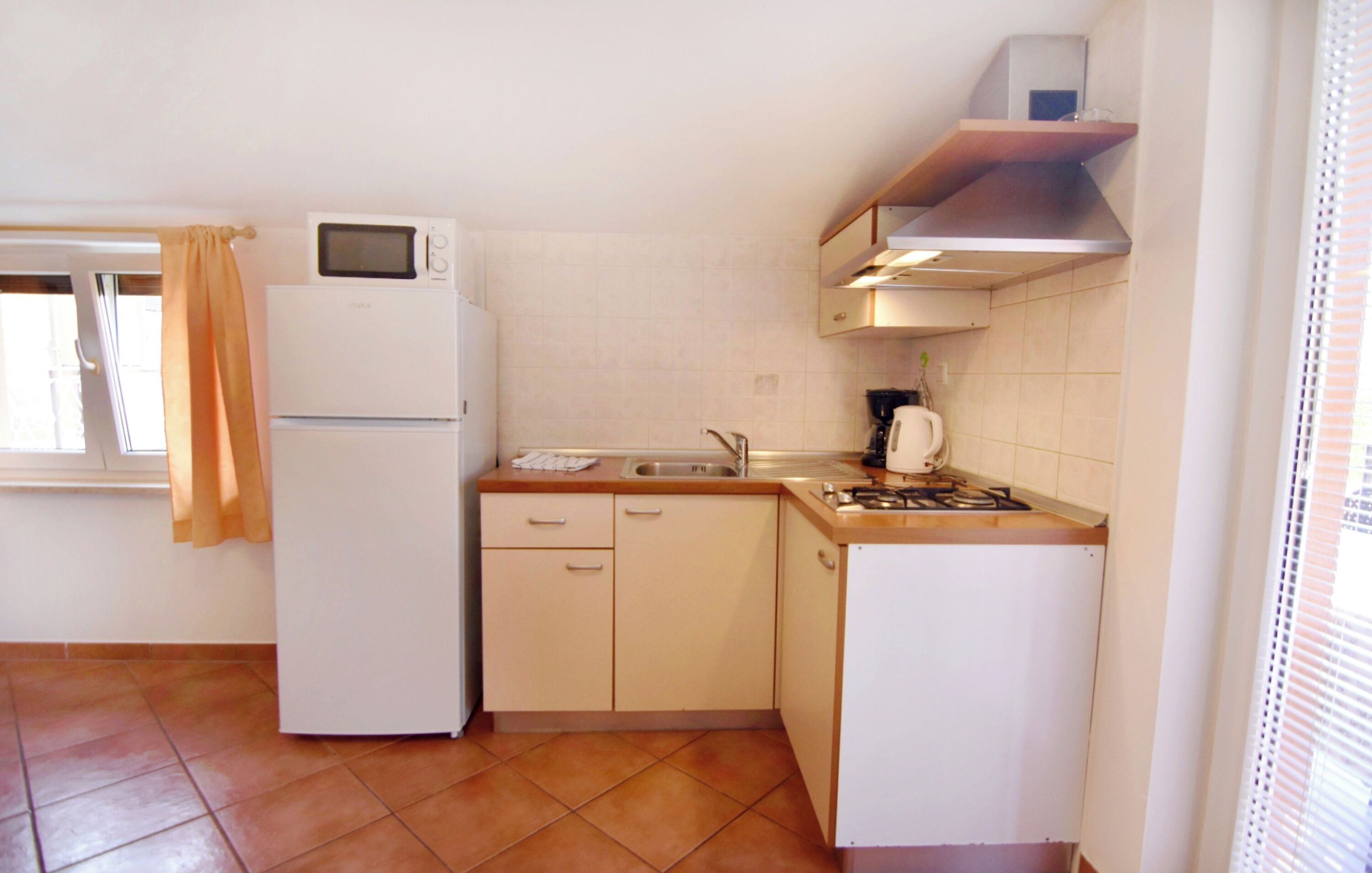 Fridge, microwave, stovetop, coffee/tea maker