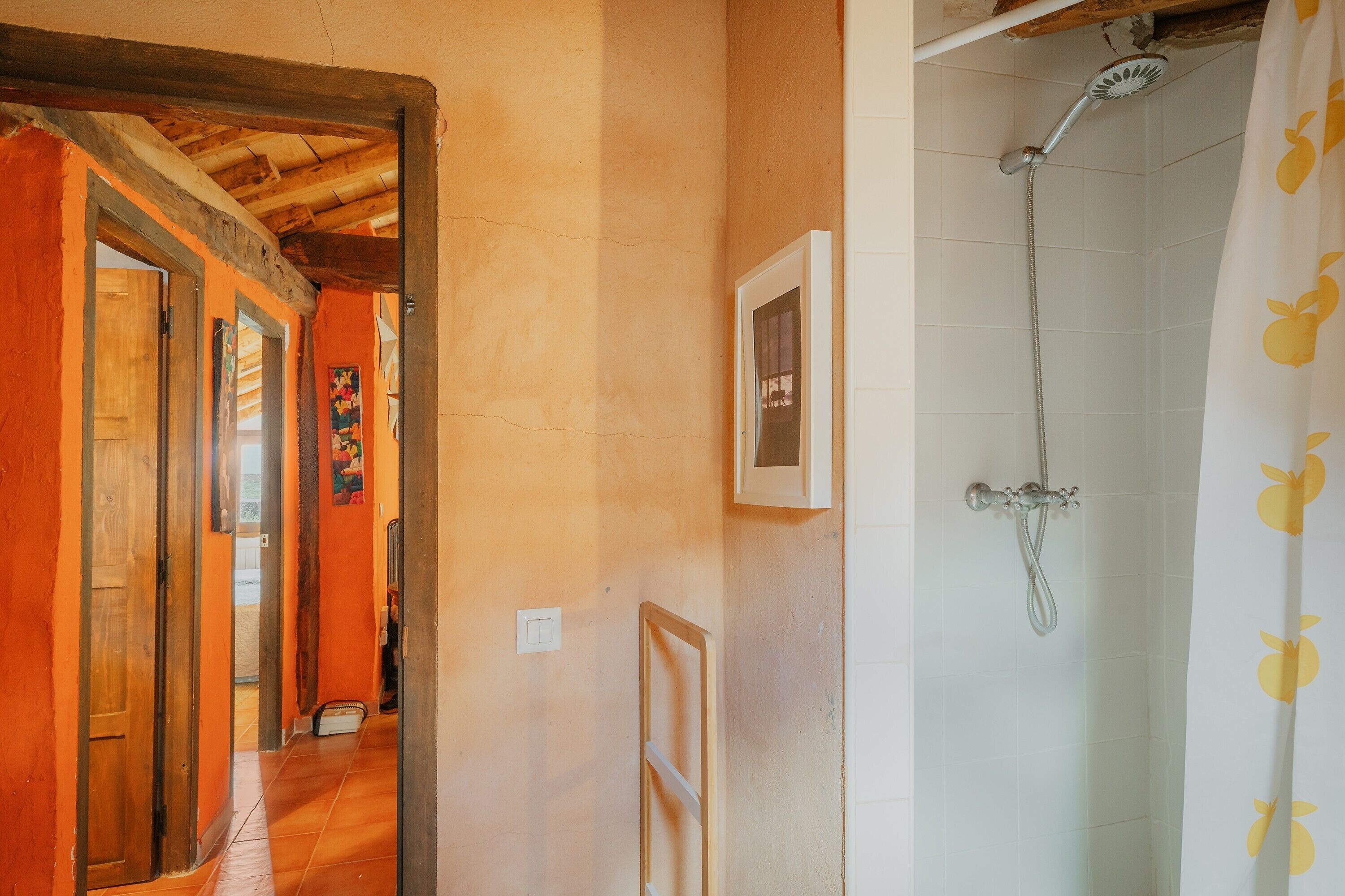 A hallway with wooden doors, a shower with a showerhead, and a tiled wall.