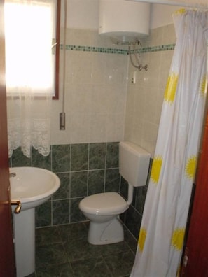 Ein Badezimmer mit Toilette, Waschbecken und Duschvorhang.