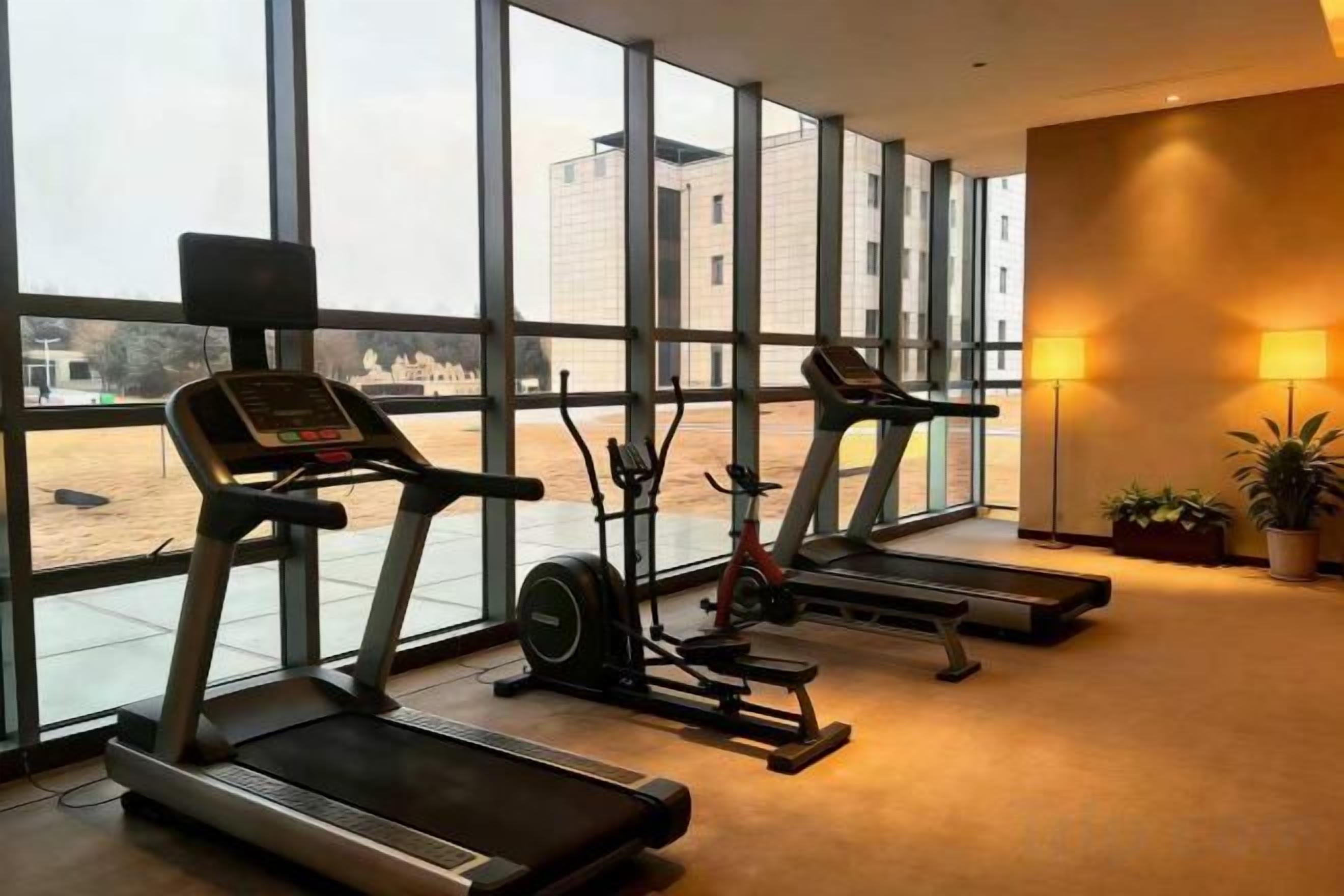 A gym with treadmills and exercise bikes, large windows, and a view of the outside.