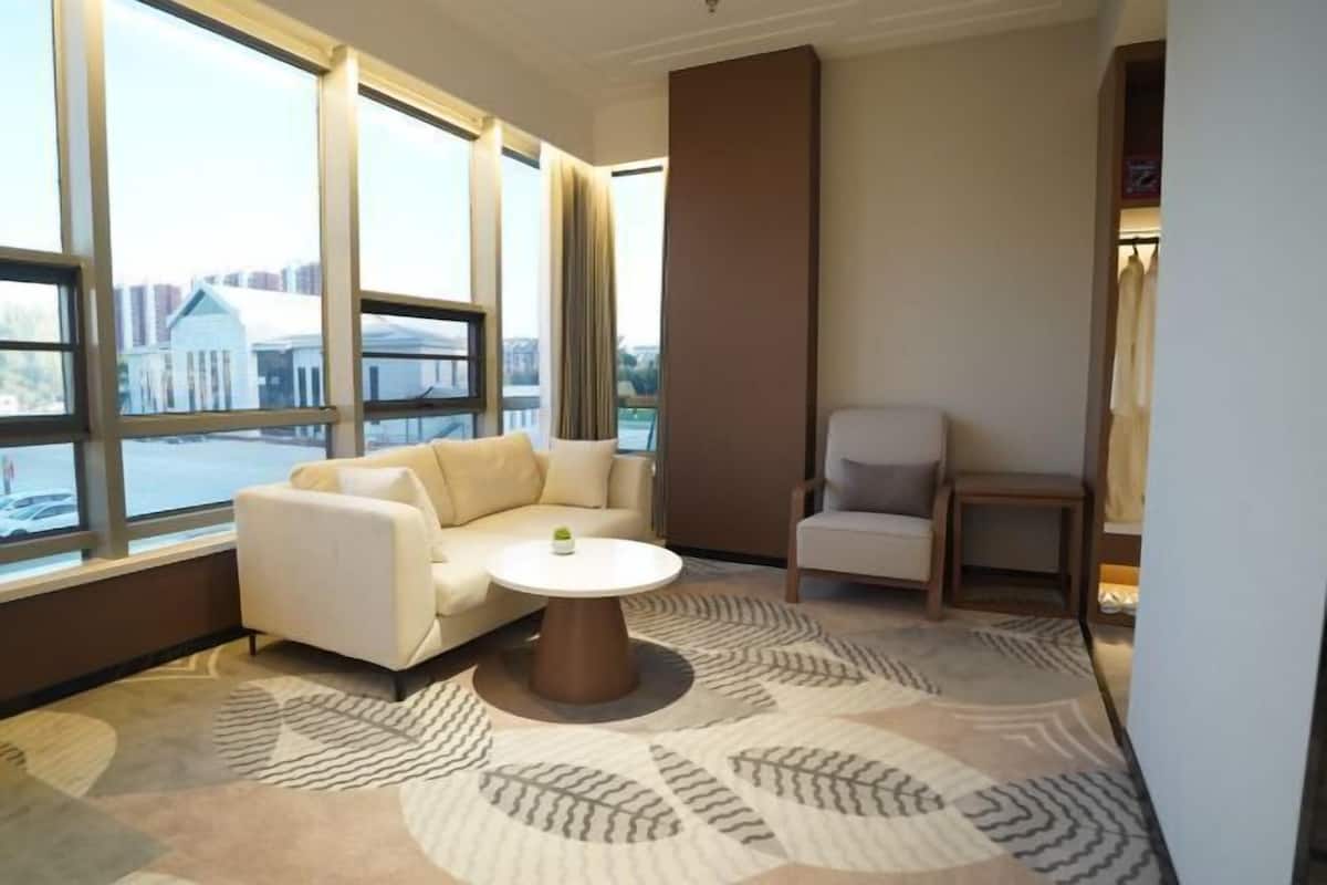A modern hotel room with a sofa, armchair, and coffee table, large windows with a view, and patterned carpet.