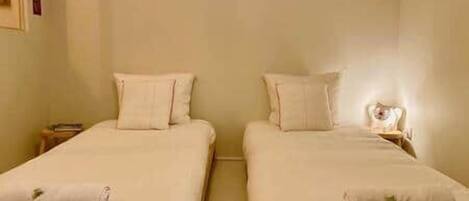 Two single beds with pillows, a nightstand, and a wall-mounted light.