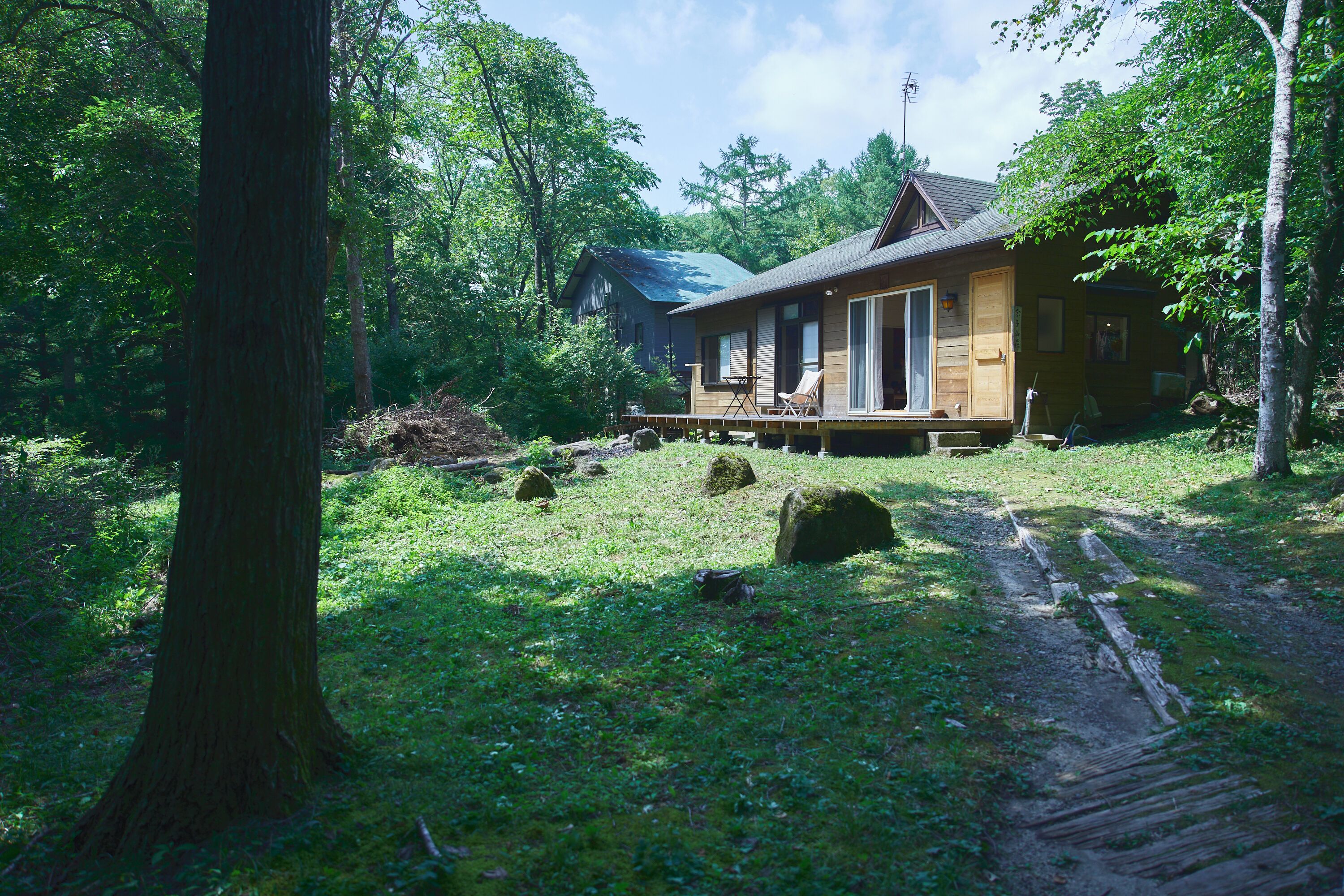 Une cabane dotée d’une terrasse, entourée d’une forêt.