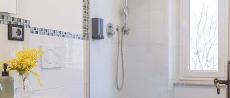 Shower, hair dryer, towels, soap
