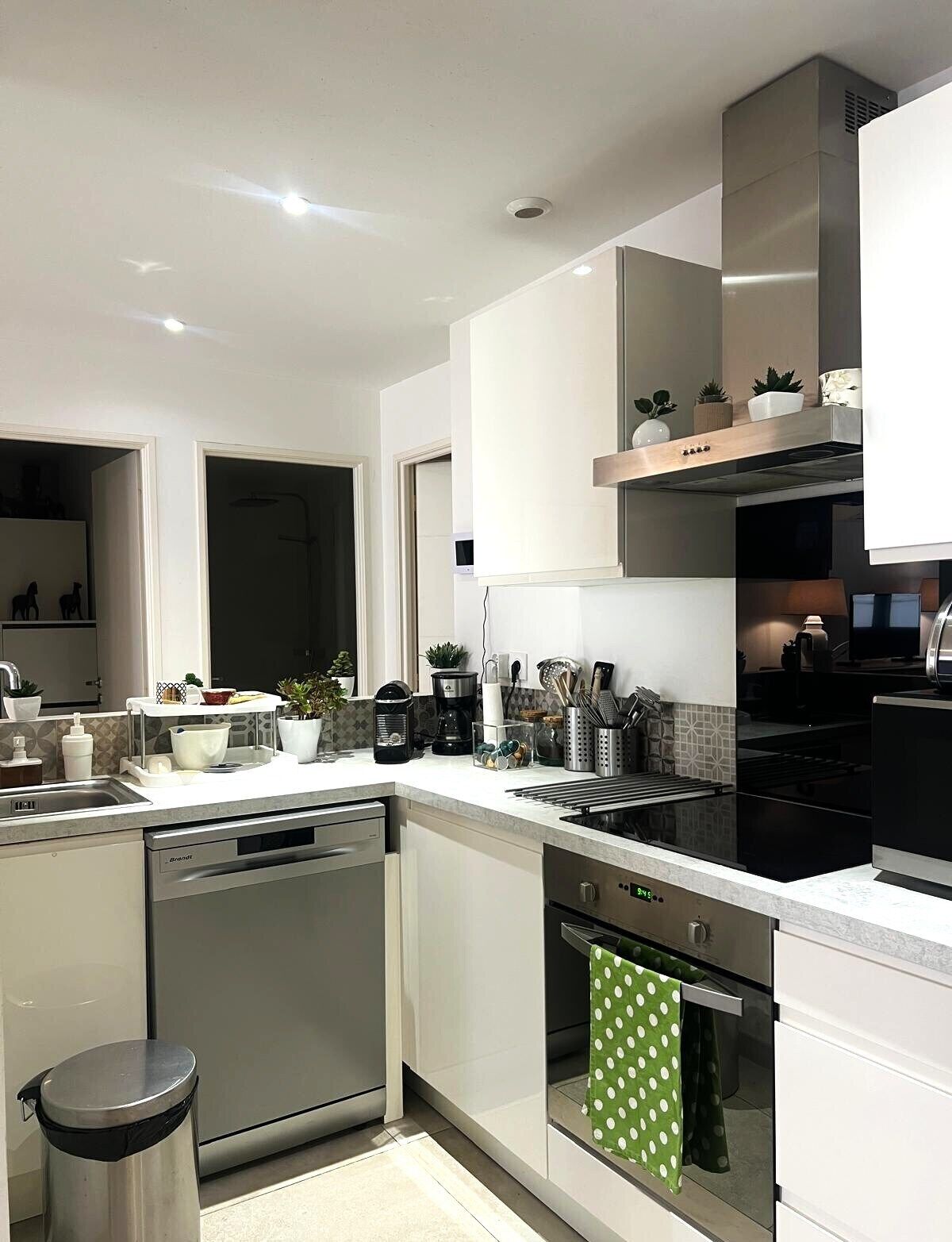 Fridge, dishwasher, coffee/tea maker, cookware/dishes/utensils
