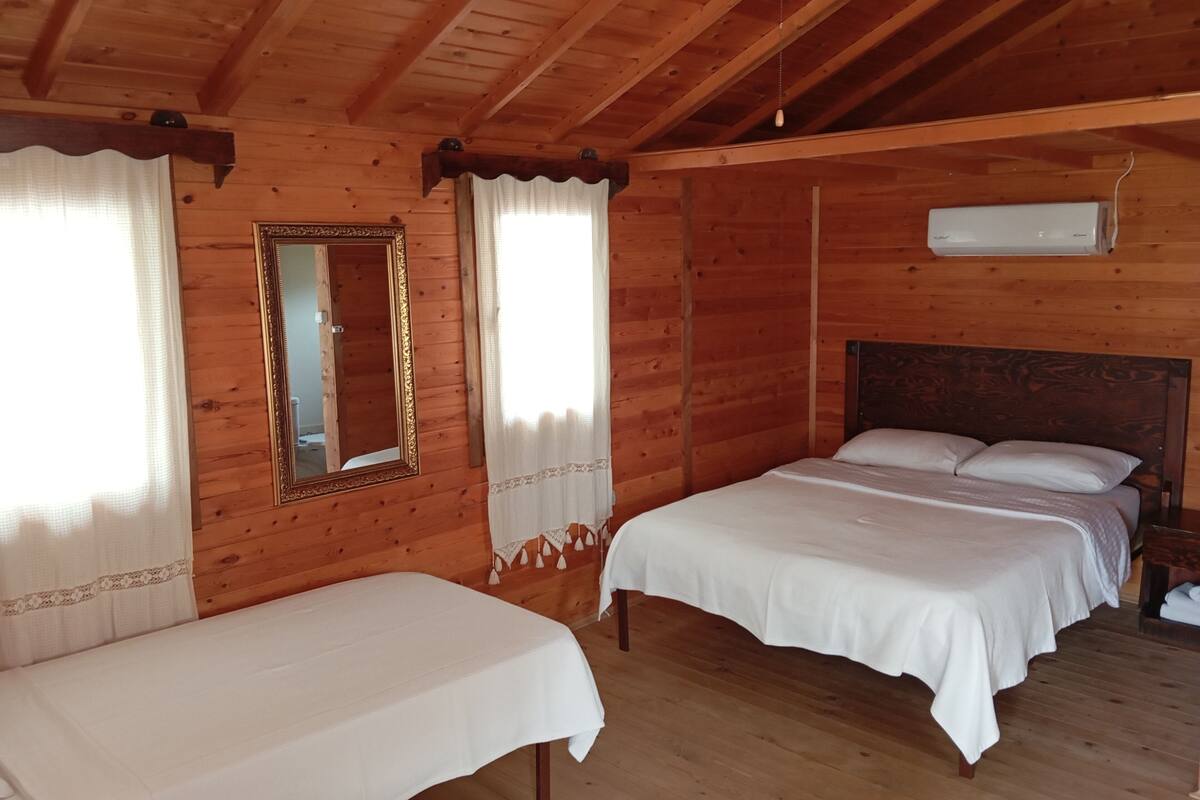 Eine Holzhütte mit zwei Betten, einem Spiegel und einer Klimaanlage.