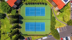 Vista aérea de un complejo de canchas de tenis con dos canchas, rodeado de vegetación y junto a edificios.