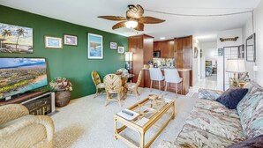 Un salon avec un téléviseur, des meubles en osier, un ventilateur de plafond et des tableaux encadrés accrochés au mur.