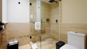 A modern bathroom with a glass-enclosed shower, a toilet, and a sink with toiletries. - w Swish Loft W/balcony in Parque Mexico (Mexico City)
