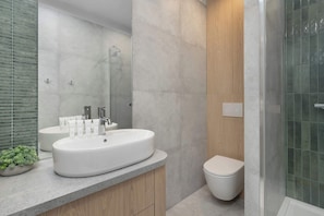 Dusche, Haartrockner, Handtücher, Shampoo