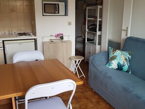 Ein kompakter Wohnbereich mit Küchenzeile, Essplatz und einer Couch mit einem Blumenkissen.