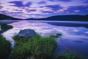 A calm lake with a rock in the foreground, surrounded by grass and hills in the background. - Forestum - Black Forest Luxury Apartments - Apartment Auerhahn with sauna (Sankt Blasien)