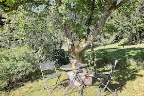 A table and chairs set outdoors with a tree and greenery in the background.