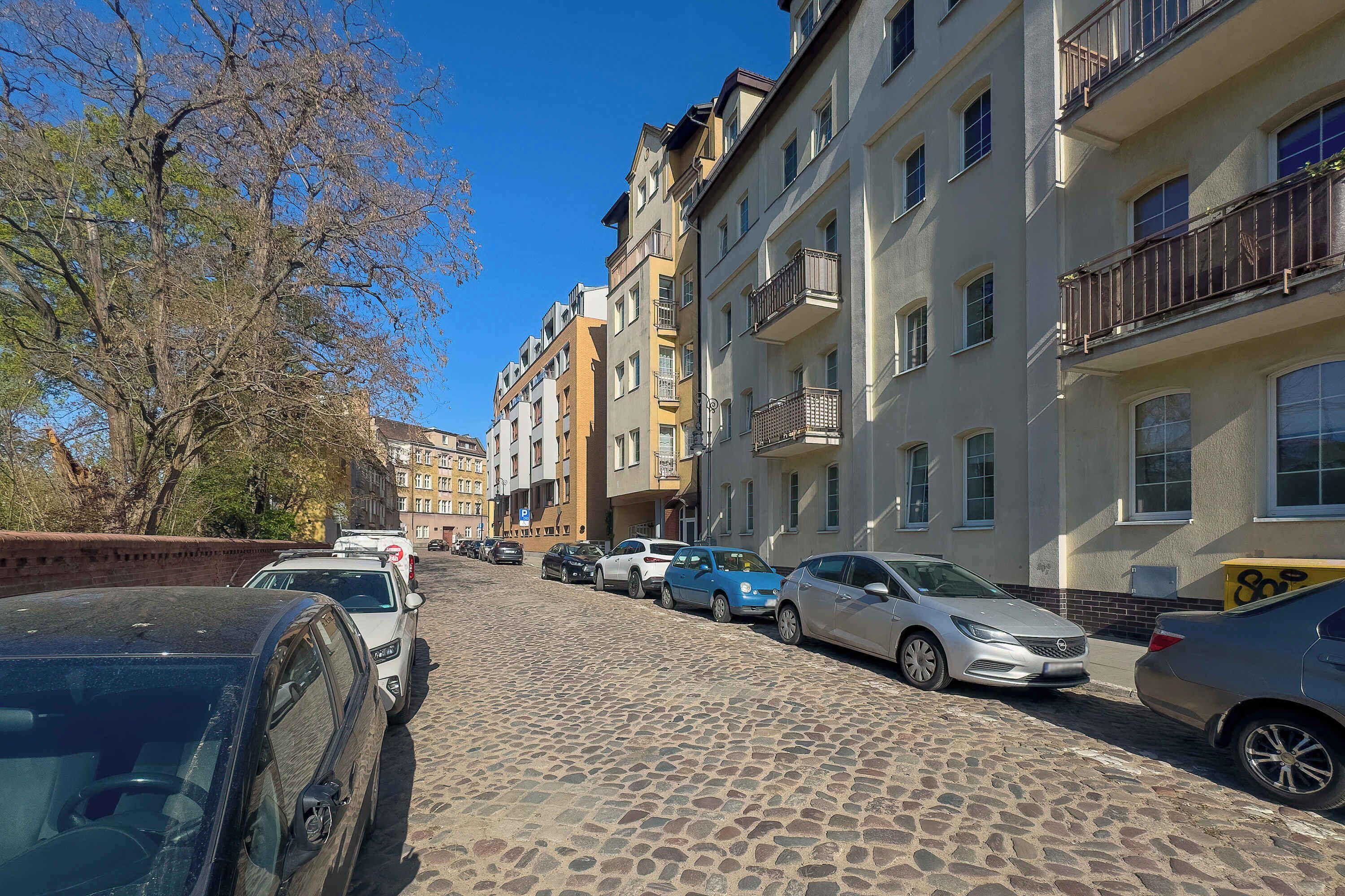 Una calle empedrada flanqueada por edificios de varios pisos, automóviles estacionados y un árbol.