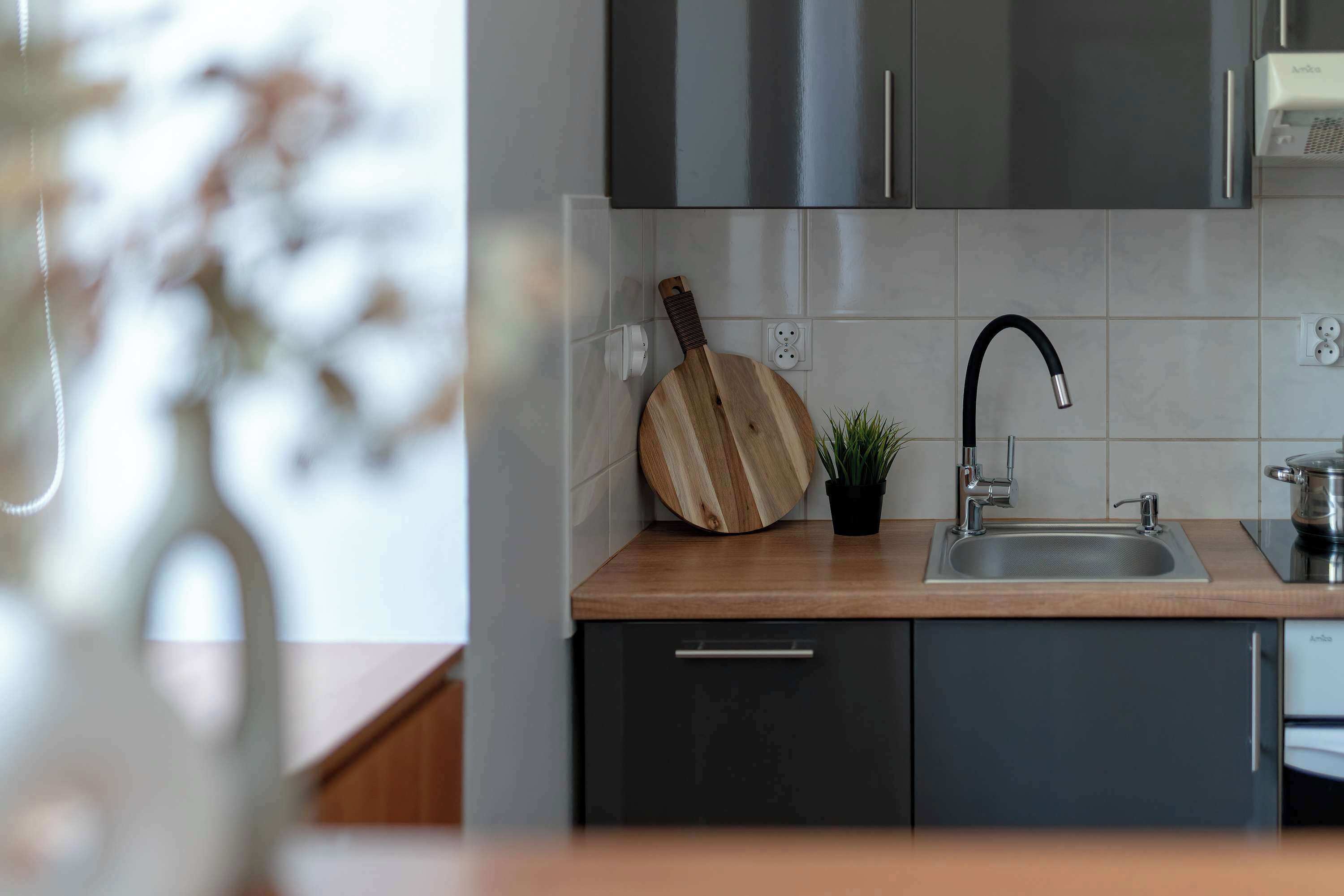 A modern kitchen with a wooden countertop, stainless steel sink, and a potted plant.
