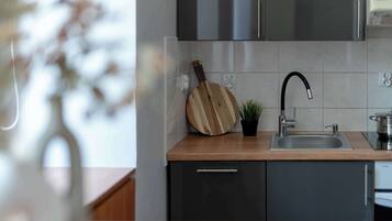 A modern kitchen with a wooden countertop, stainless steel sink, and a potted plant.