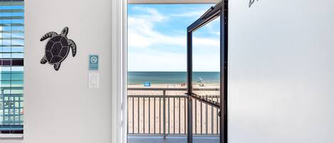 A door with a view of a beach, a turtle decoration, and a number '210' on the wall.