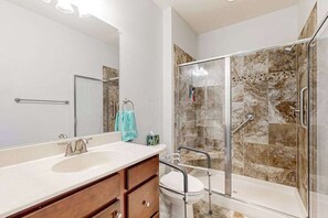 Shower, hair dryer, towels - Grande at Canal Pointe 1st floor condo w/shared pool, tennis court & gym (Rehoboth Beach)