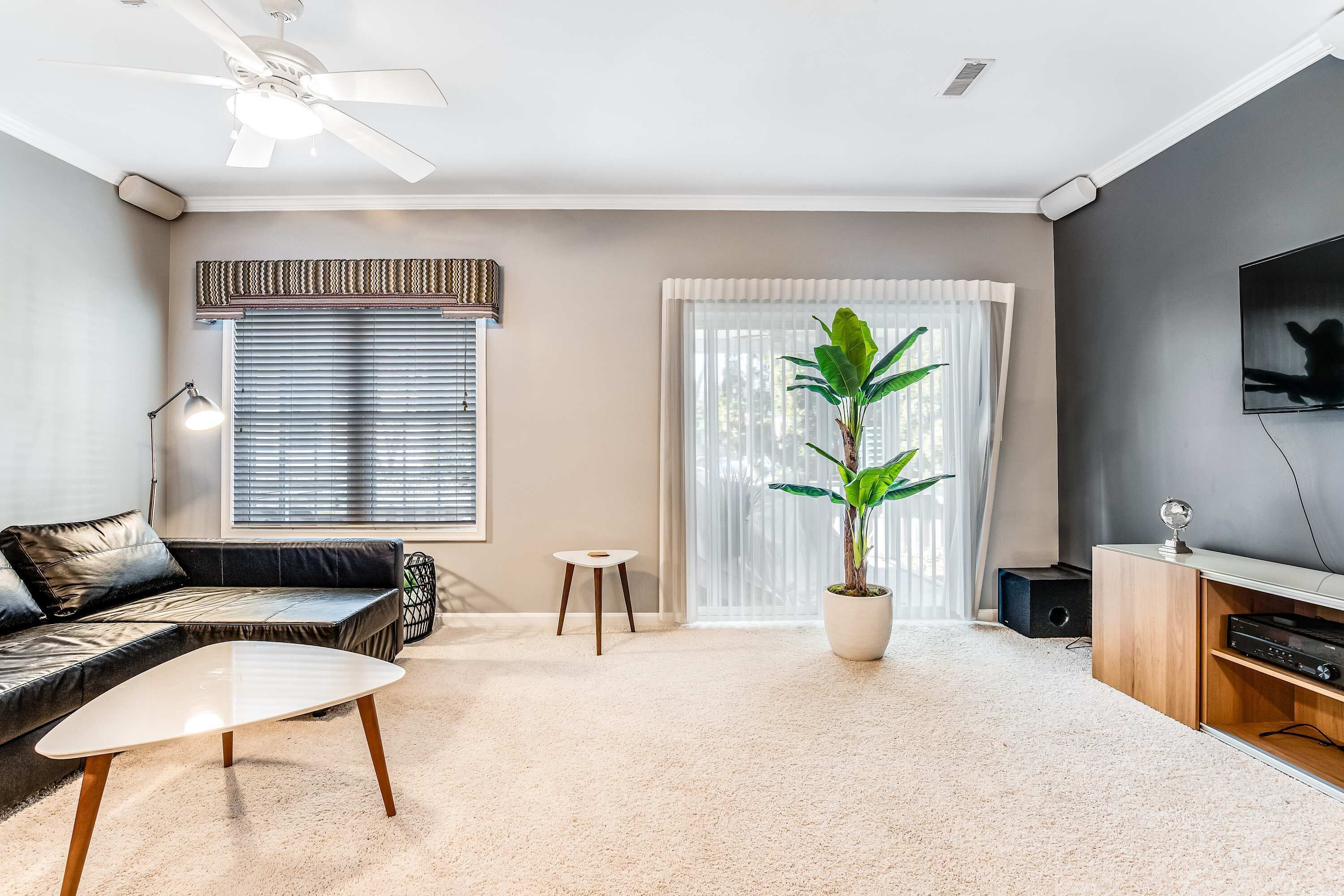 Un salon comprenant un canapé, une table basse, une plante en pot, un téléviseur et un ventilateur de plafond.