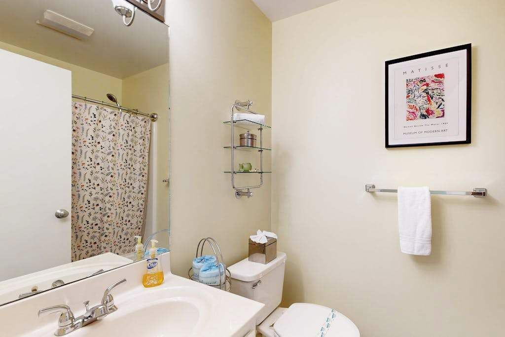 Une salle de bain équipée d’un lavabo, de toilettes, d’un rideau de douche et d’une œuvre d’art encadrée accrochée au mur.