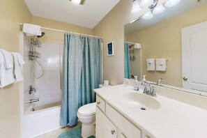 Shower, hair dryer, towels - The Palms condo with a furnished balcony, pond view, washer/dryer, & pool (Rehoboth Beach)