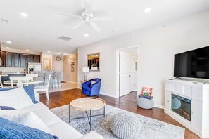 TV, fireplace, offices - Dog-friendly condo near golf, pool, fireplace, central AC & private washer/dryer (Rehoboth Beach)
