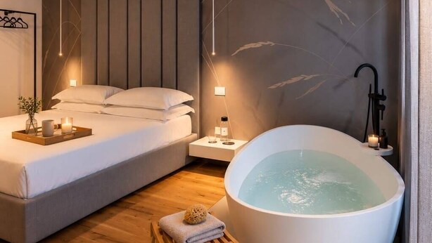 A modern bedroom with a large bed, a bathtub, and a wooden stool.