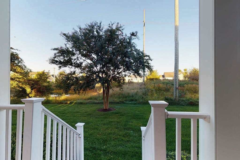 A view from a porch with a white railing, a tree, and a grassy yard.