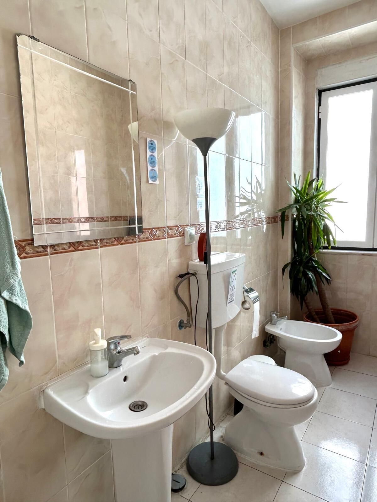 Combined shower/tub, hair dryer, towels, soap