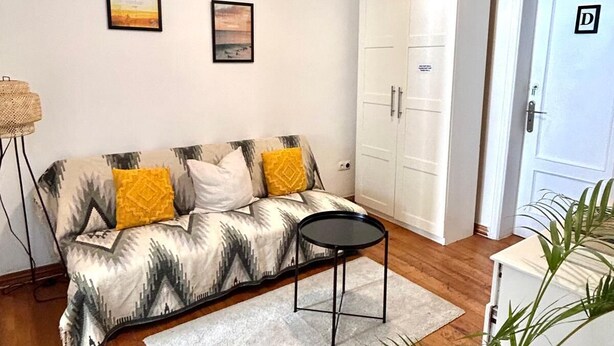 Un salon avec un canapé, une petite table, une plante en pot et une armoire.