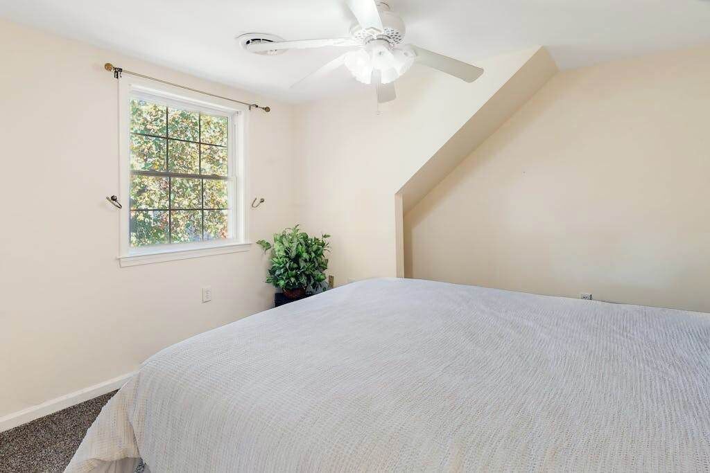 Une chambre à coucher avec un lit, un ventilateur de plafond, une fenêtre donnant sur un beau paysage et une plante.