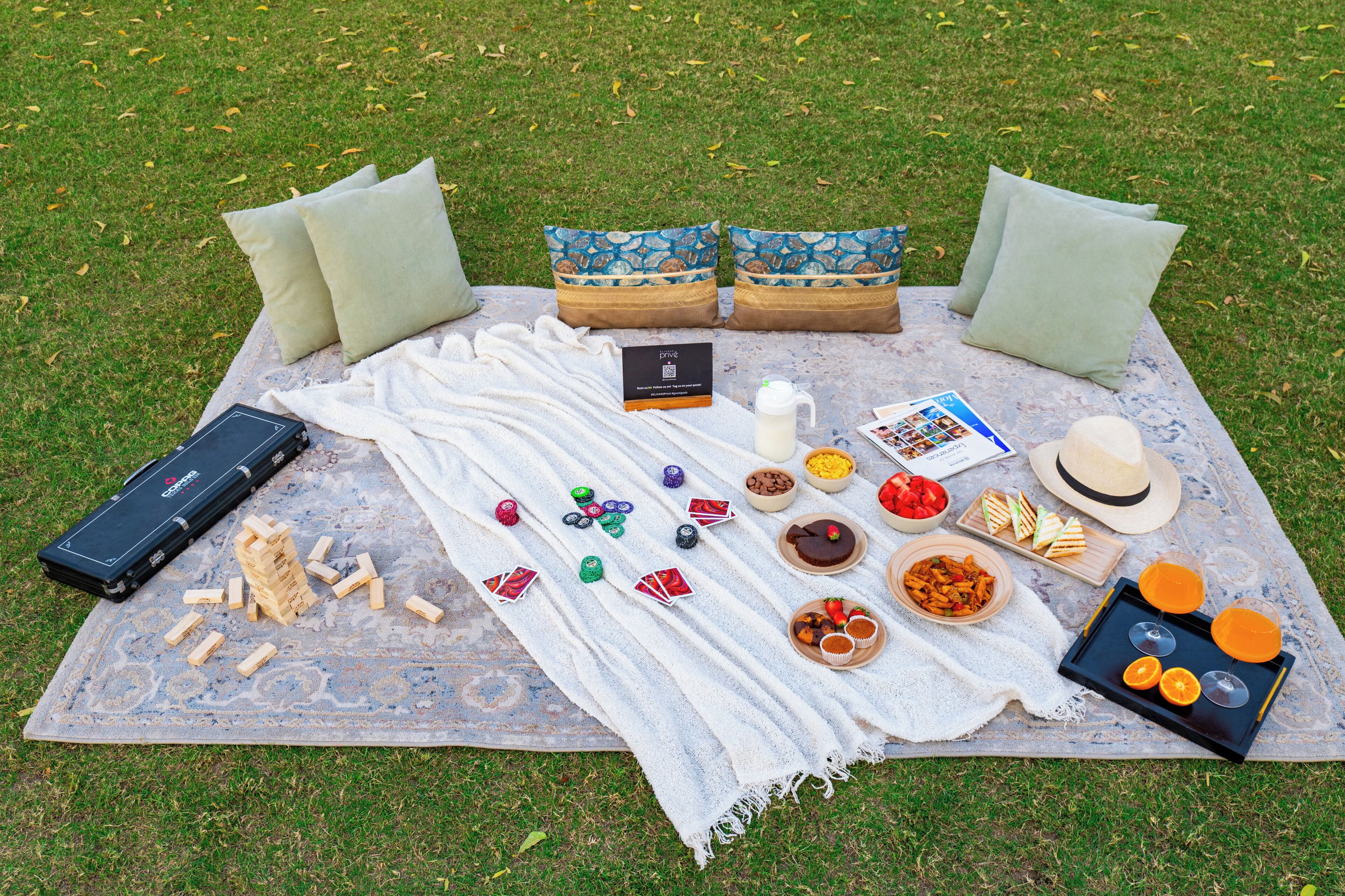 A picnic setup on grass with a blanket, pillows, a portable speaker, snacks, drinks, and a book.