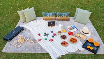 A picnic setup on grass with a blanket, pillows, a portable speaker, snacks, drinks, and a book.