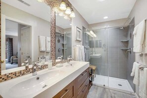 Shower, hair dryer, towels - Two-story beach gem with wraparound screened porch, pool, sauna & gym (Bethany Beach)