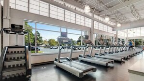 Een fitnessruimte met loopbanden, een stairmaster en grote ramen.