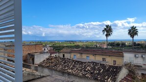 Vista di una cittadina costiera con edifici, una palma e il mare sullo sfondo.